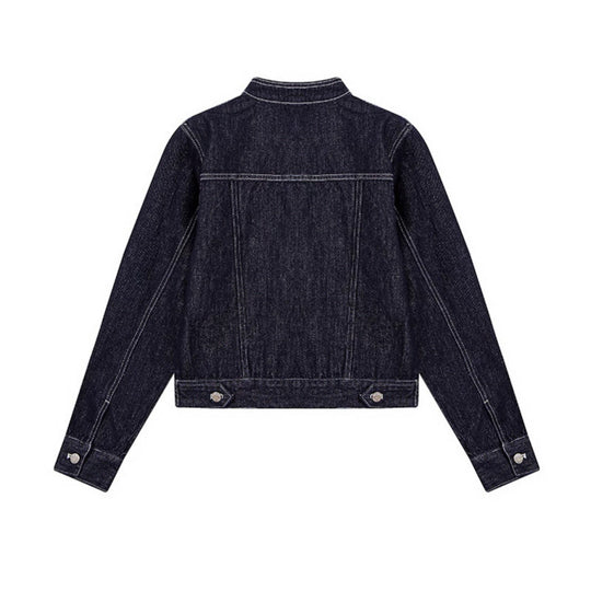 Damen Taillierte Jeansjacke mit Stehkragen, Ziernähten und Metallknopfverschluss Shop Nory