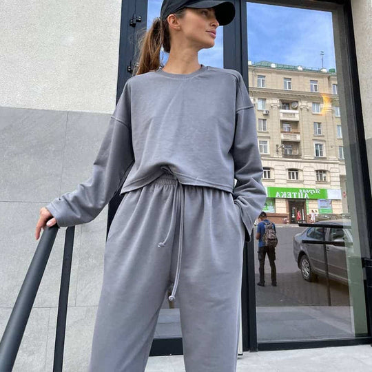 Damen lässiges Oversize-Lounge-Set mit weitem Crewneck-Sweater und elastischer Kordelbund-Jogginghose Shop Nory