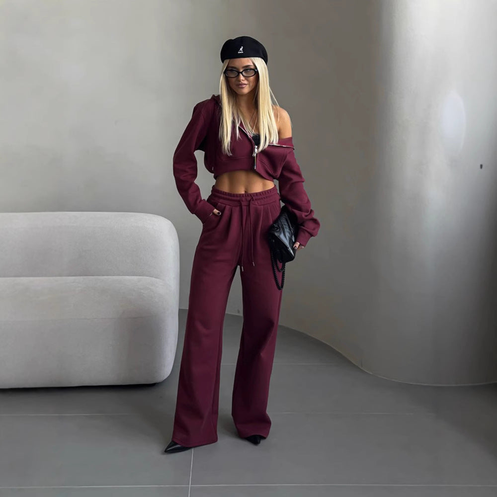 Damen stylisches Crop-Set aus Kapuzenpullover und bequemen Jogginghosen