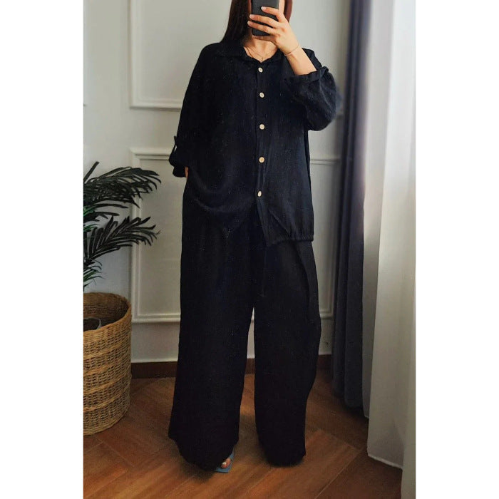 Damen Leinen-Set mit weiten Hosen undlässiger Bluse