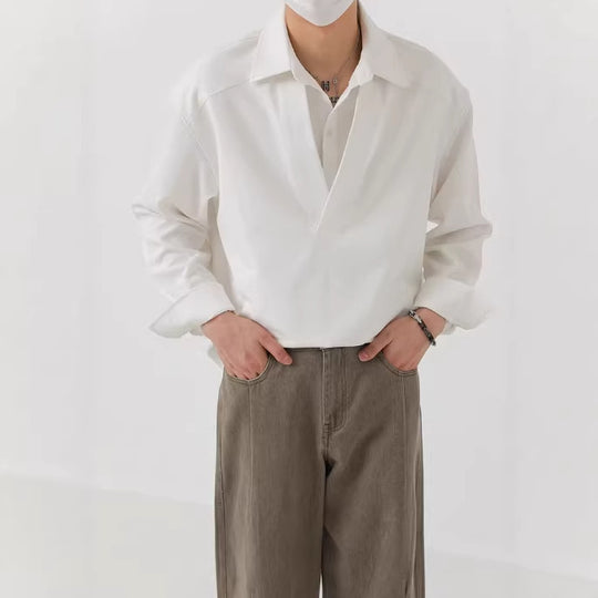 Herren Hemd-Pullover im Oversize-Schnitt mit tiefem V-Ausschnitt und klassischem Kragen Shop Nory