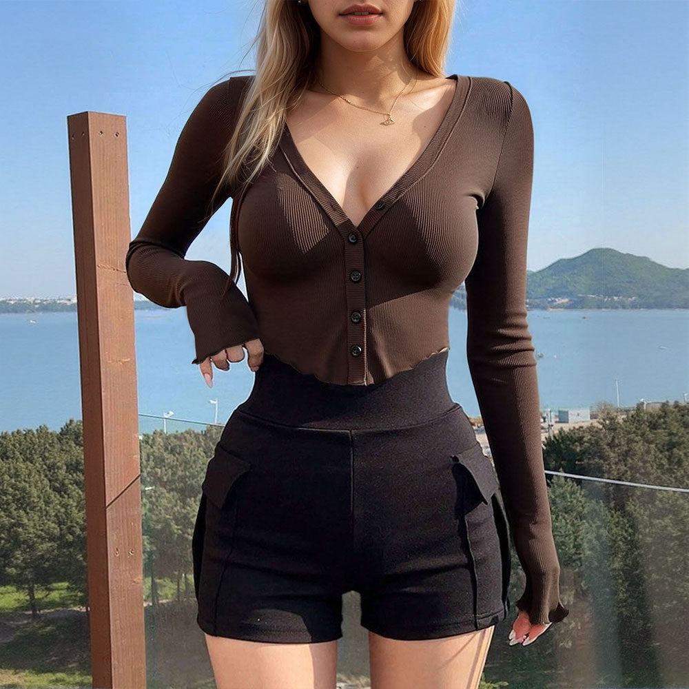 Damen kurzes geripptes Button-Cardigan mit V-Ausschnitt, Daumenlochärmeln und ausgefranstem Saum Shop Nory