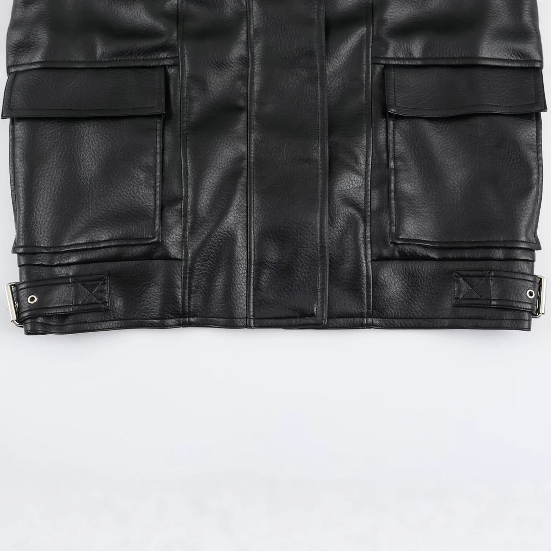 Damen Oversized Kunstlederjacke mit hohem Funnelkragen und aufgesetzten Taschen Shop Nory
