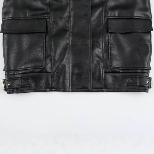 Damen Oversized Kunstlederjacke mit hohem Funnelkragen und aufgesetzten Taschen Shop Nory