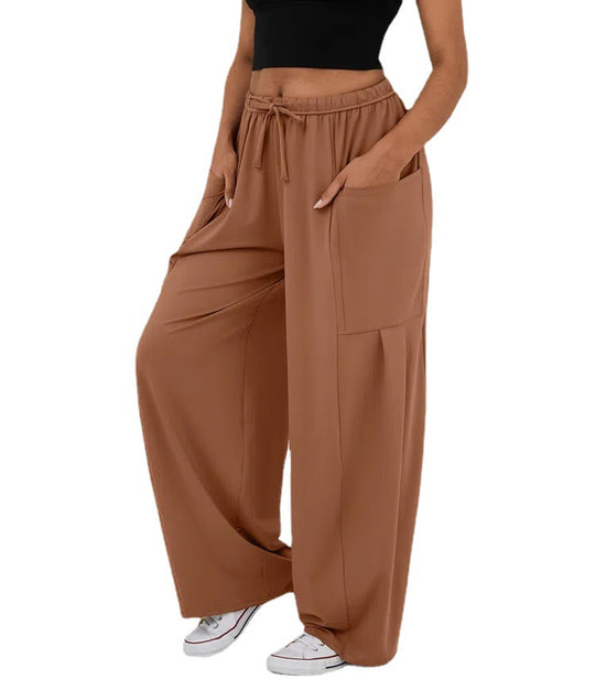 Damen Weite Relax‑Hose mit hohem Elastikbund, Tunnelzug und großen Cargo-Taschen Shop Nory