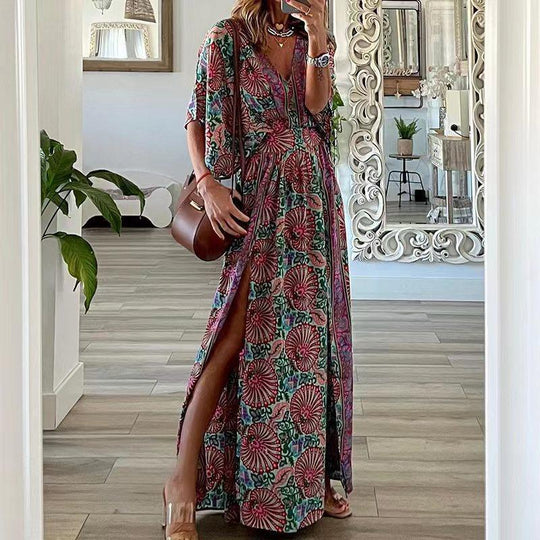 Damen Maxikleid im Boho-Stil mit Wickeleffekt, V-Ausschnitt und hohem Beinschlitz Shop Nory