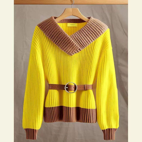 Damen Modischer und eleganter Strickpullover mit Gürtel Shop Nory