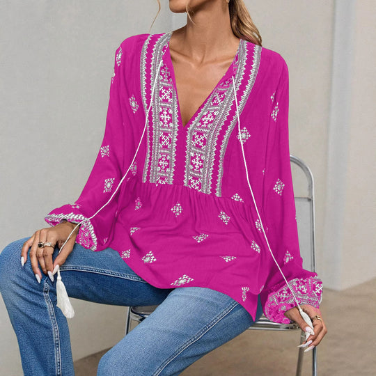 Damen Bestickte Boho-Tunika-Bluse mit Quastenbändern und stufigem Saum Shop Nory