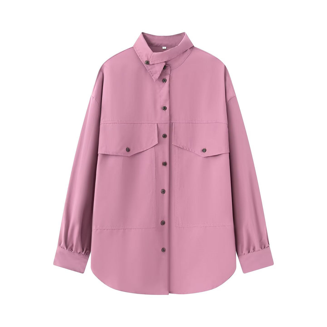 Damen Oversized Utility-Hemdbluse mit überschnittener Schulter, Pattentaschen und Stehkragen Shop Nory