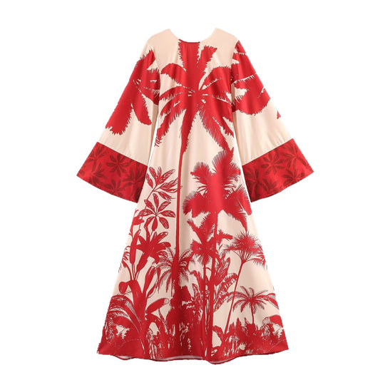 Damen Midikleid im Kimono‑Stil mit weitem Glockenärmel und tropischem Palmendruck Shop Nory