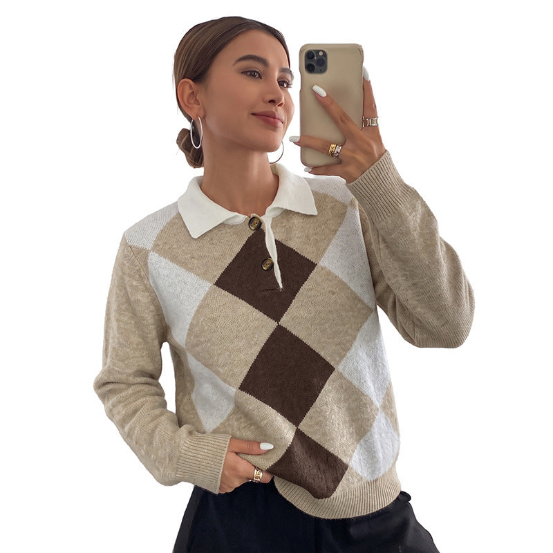 Damen Argyle-Polo-Strickpullover mit kontrastkragen und Zierknopf Shop Nory