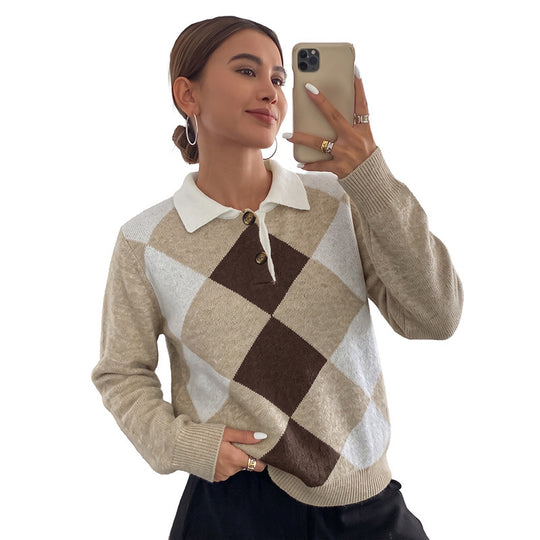 Damen Argyle-Polo-Strickpullover mit kontrastkragen und Zierknopf Shop Nory
