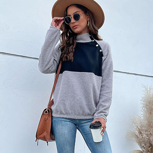 Damen Kuscheliger Teddy-Fleece-Pullover mit Stehkragen und Druckknopfleiste Shop Nory