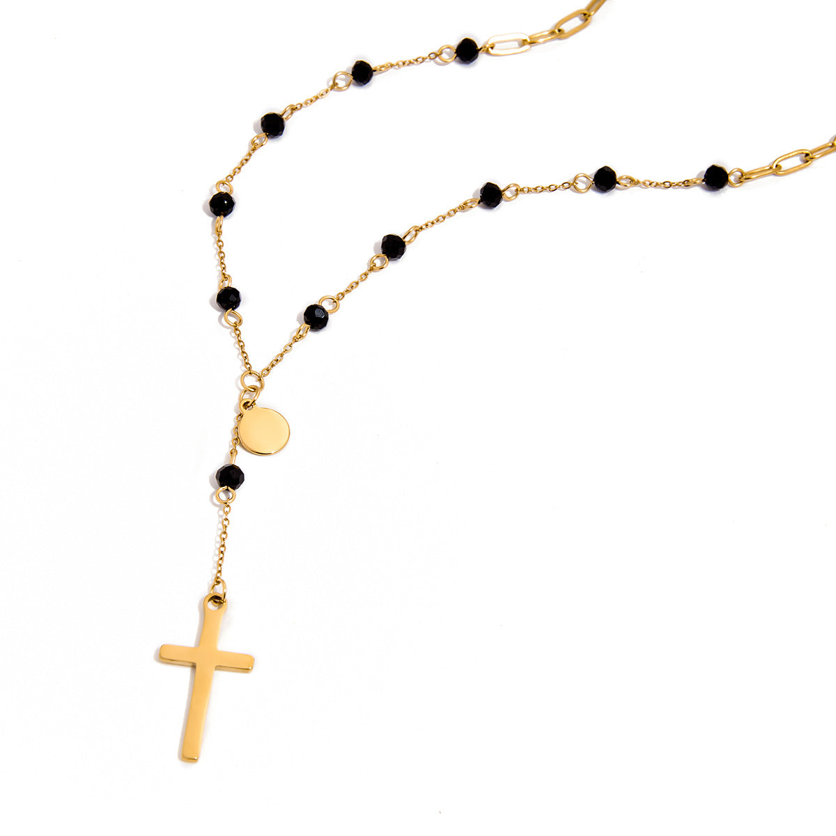 Damen Halskette mit filigranem Kreuzanhänger und schwarzen Edelsteinakzenten Shop Nory