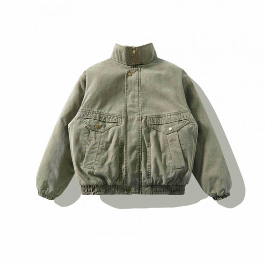 Unisex Weitgeschnittene Canvas-Utility-Jacke mit Stehkragen, Pattentaschen und elastischem Saum Shop Nory
