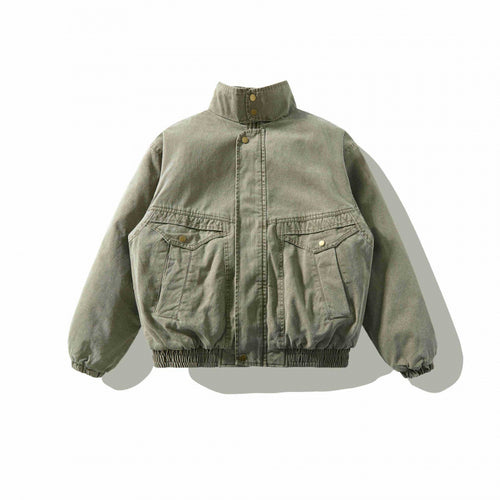 Unisex Weitgeschnittene Canvas-Utility-Jacke mit Stehkragen, Pattentaschen und elastischem Saum Shop Nory