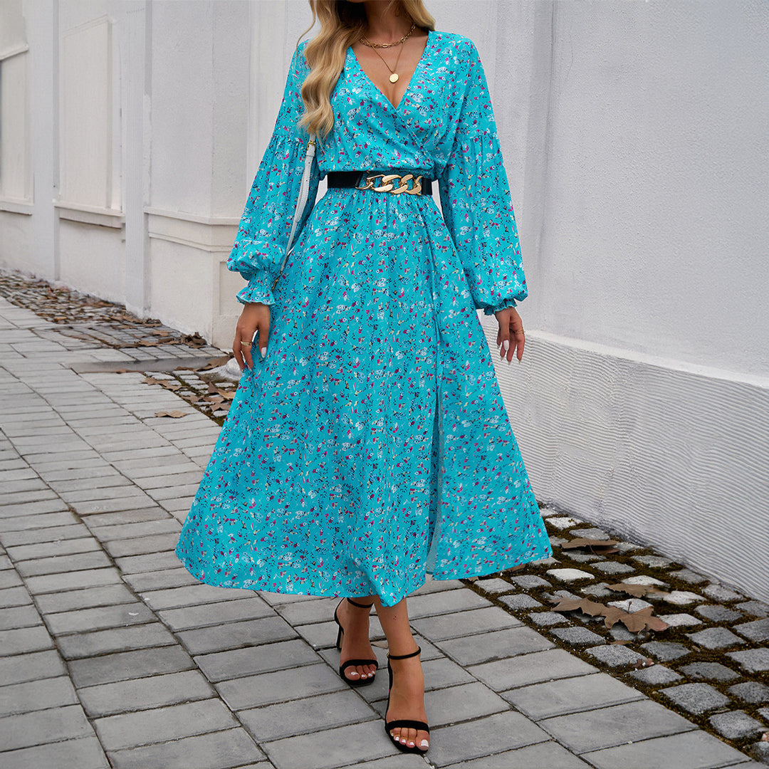 Damen nan Wickelmidikleid mit V-Ausschnitt, Ballonärmeln und taillierendem Gürtel Shop Nory