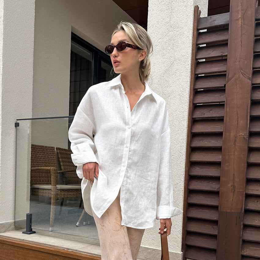 Damen Leinenhemd mit lässigem Schnitt und oversized Ärmeln