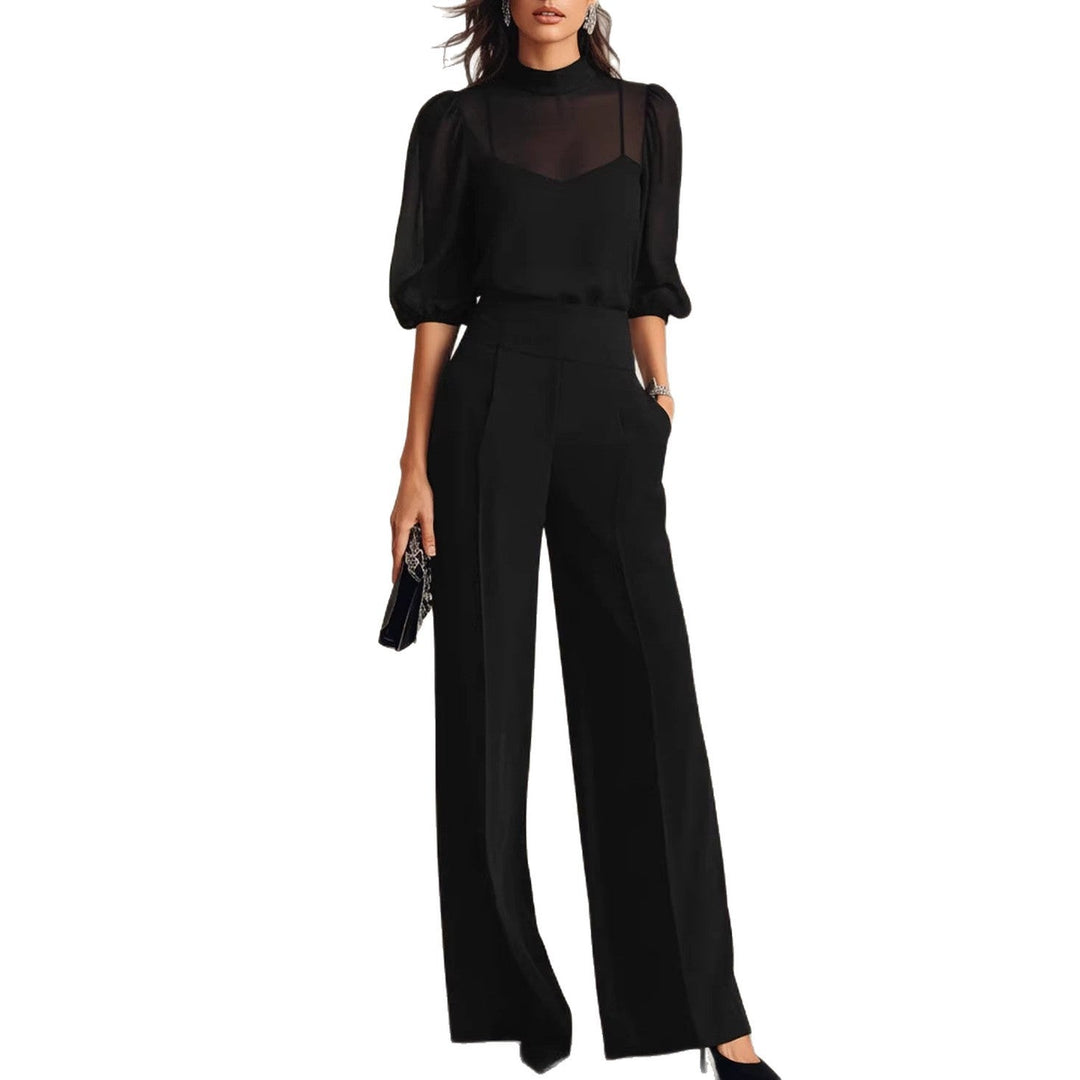 Damen elegantes Blusenset mit weiten Beinen und transparenten Ärmeln