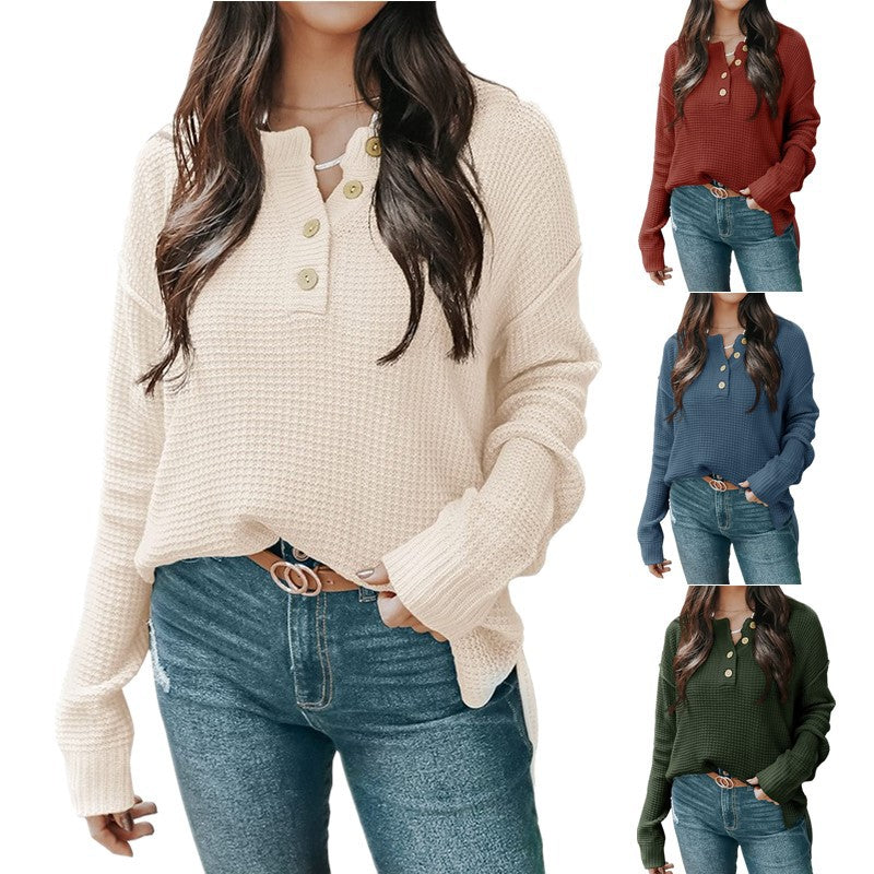 Damen nan lockerer Waffelstruktur Henley Pullover mit Knopfleiste und überschnittener Schulter Shop Nory