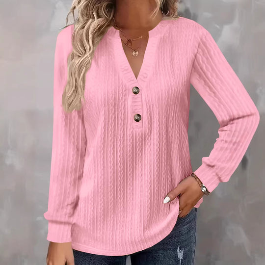 Damen Strukturiertes V‑Neck Langarmshirt mit Zierknopfleiste Shop Nory