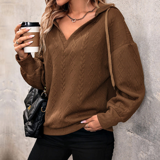 Damen Strukturiertes Zopfmuster-Kapuzen-Sweatshirt mit V-Ausschnitt und Ballonärmeln Shop Nory
