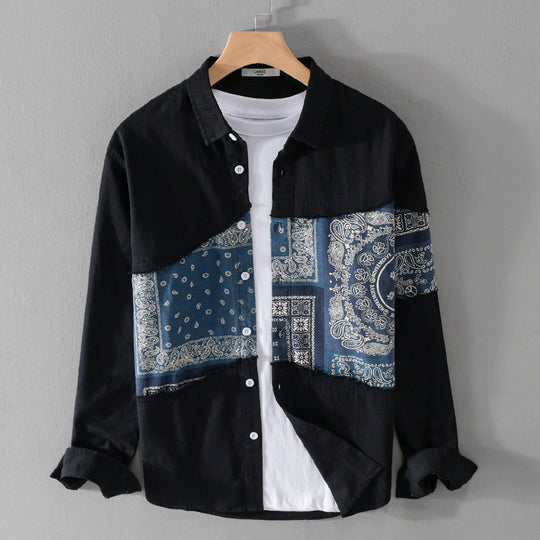Herren Patchwork-Hemdjacke mit Bandana-Einsatz, rohen Kanten und weiter Passform Shop Nory