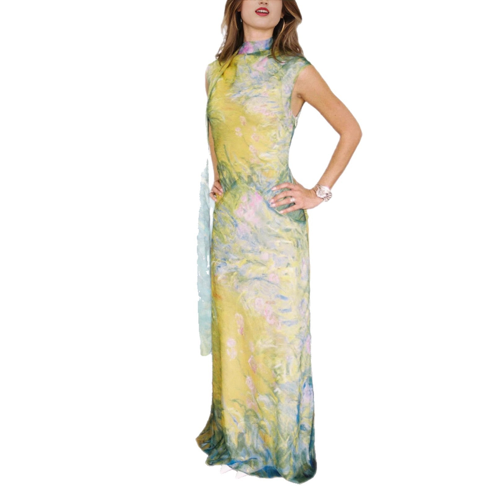 Damen Langes Kleid mit floralem Design und hochgeschlossenem Kragen Shopnory