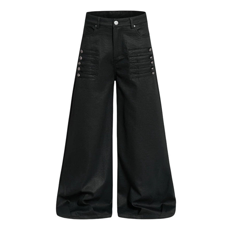 Damen Weite hochgeschnittene Palazzo-Hose mit beschichteter Lederoptik, extra weitem Bein und Statement-Print Shop Nory