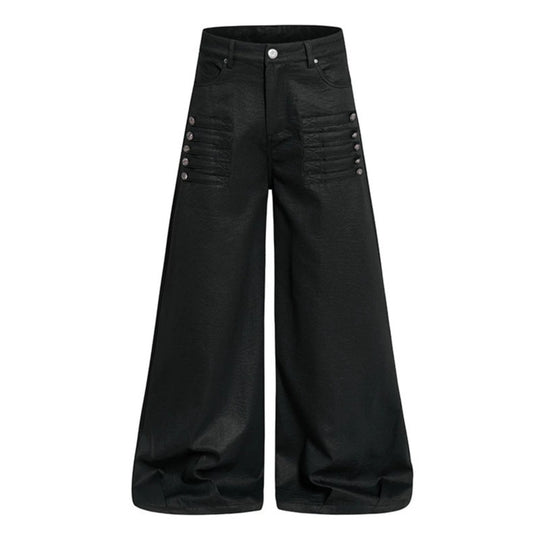 Damen Weite hochgeschnittene Palazzo-Hose mit beschichteter Lederoptik, extra weitem Bein und Statement-Print Shop Nory