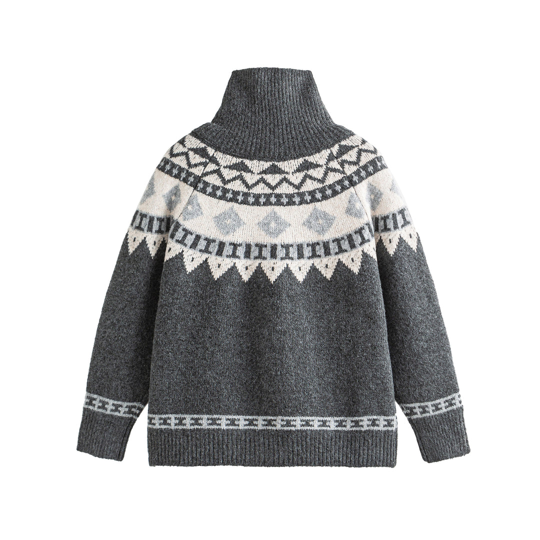 Damen Norwegermuster Strickcardigan mit hohem Stehkragen und Knebelverschlüssen Shop Nory