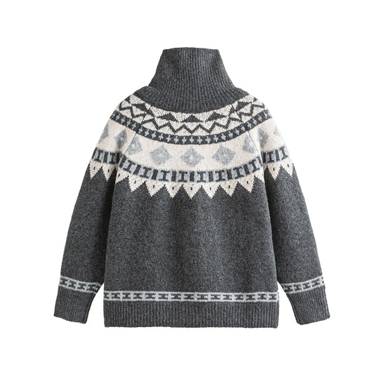 Damen Norwegermuster Strickcardigan mit hohem Stehkragen und Knebelverschlüssen Shop Nory