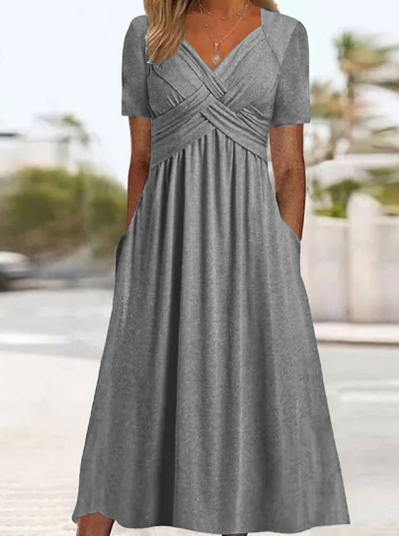 Damen nan fließendes Maxikleid mit gekreuzter Passe V-Ausschnitt Kurzarm und Eingrifftaschen