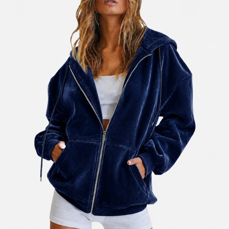 Damen Oversize Velours-Kapuzenjacke mit Reißverschluss Shop Nory