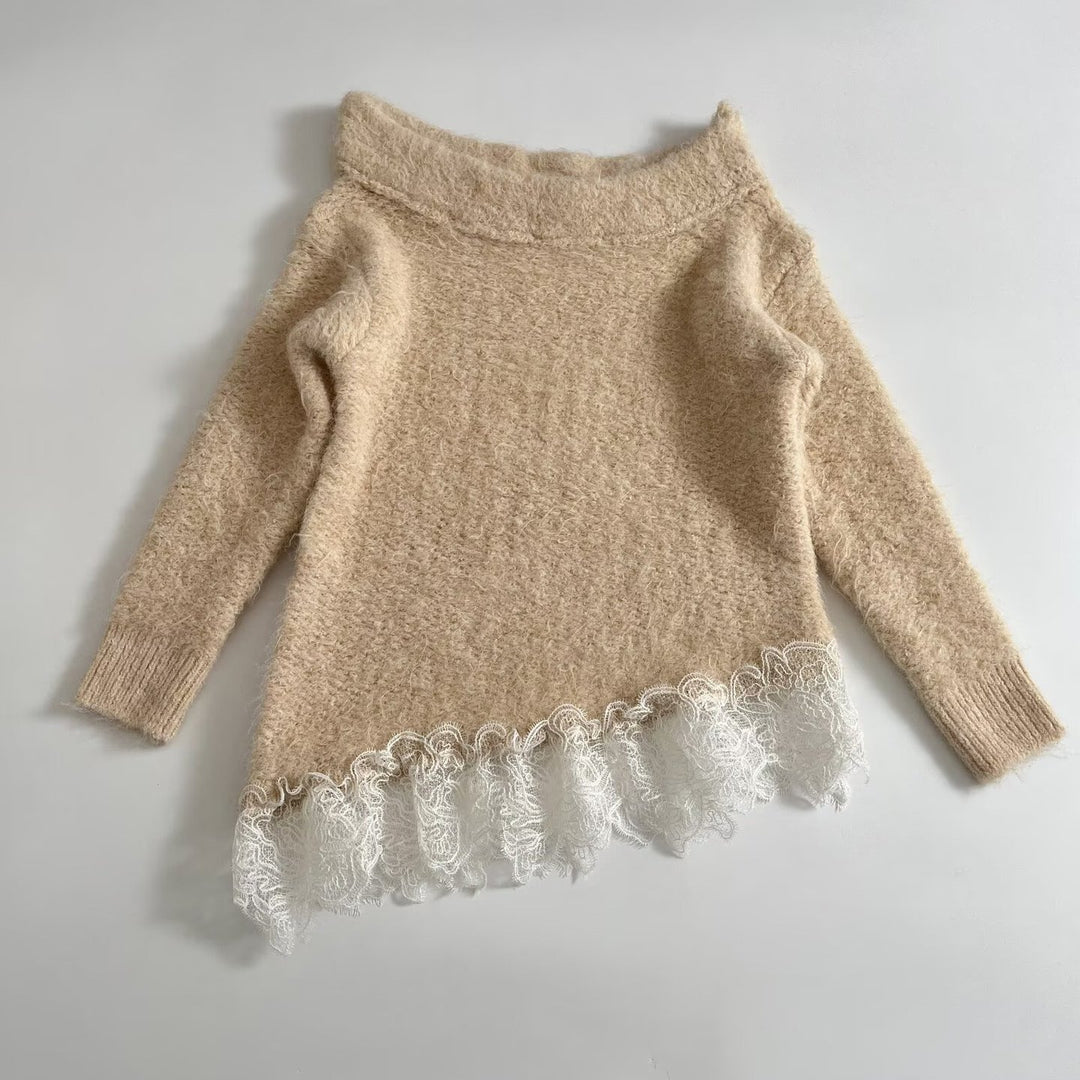 Damen Flauschiger Strickpullover mit Carmenausschnitt und Spitzenbesatz Shop Nory
