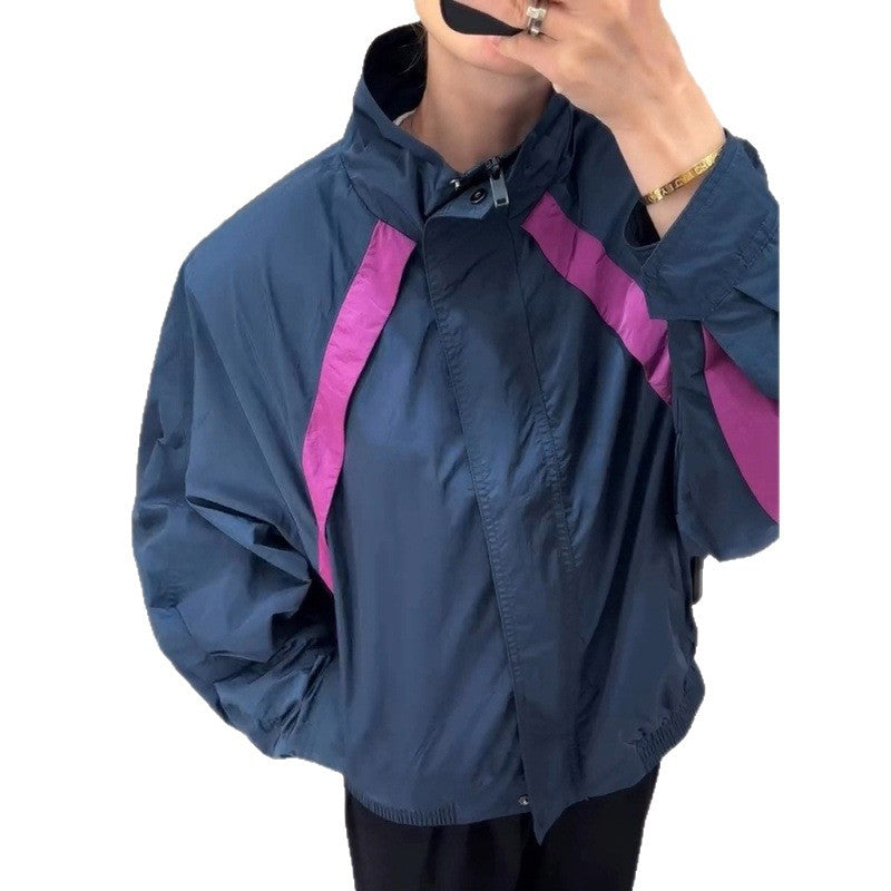 Damen Leichte Oversize Windjacke mit hohem Stehkragen und Kontraststreifen Shop Nory