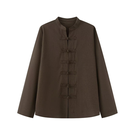 Damen Weite Hemdblusenjacke mit Mandarinkragen und Knotenverschlüssen Shop Nory
