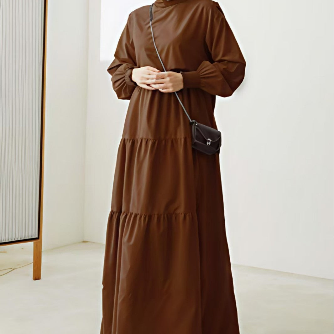 Damen Maxikleid mit Stufenrock, hohem Kragen und gerafften Ärmeln Shop Nory