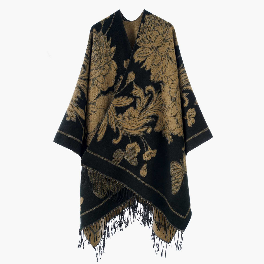 Damen Wendbarer Strickcape-Poncho mit Fransen und kontrastierenden Streifen Shop Nory