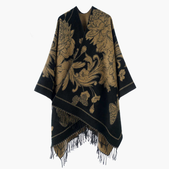 Damen Wendbarer Strickcape-Poncho mit Fransen und kontrastierenden Streifen Shop Nory
