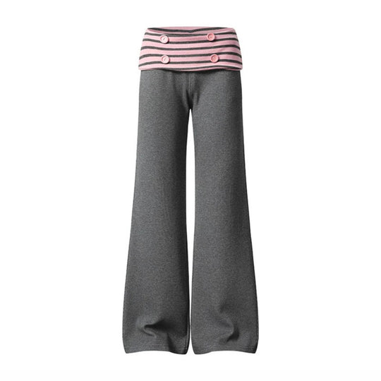 Damen Weite Loungewear-Hose mit umschlagbarem Streifenbund und Zierknöpfen Shop Nory