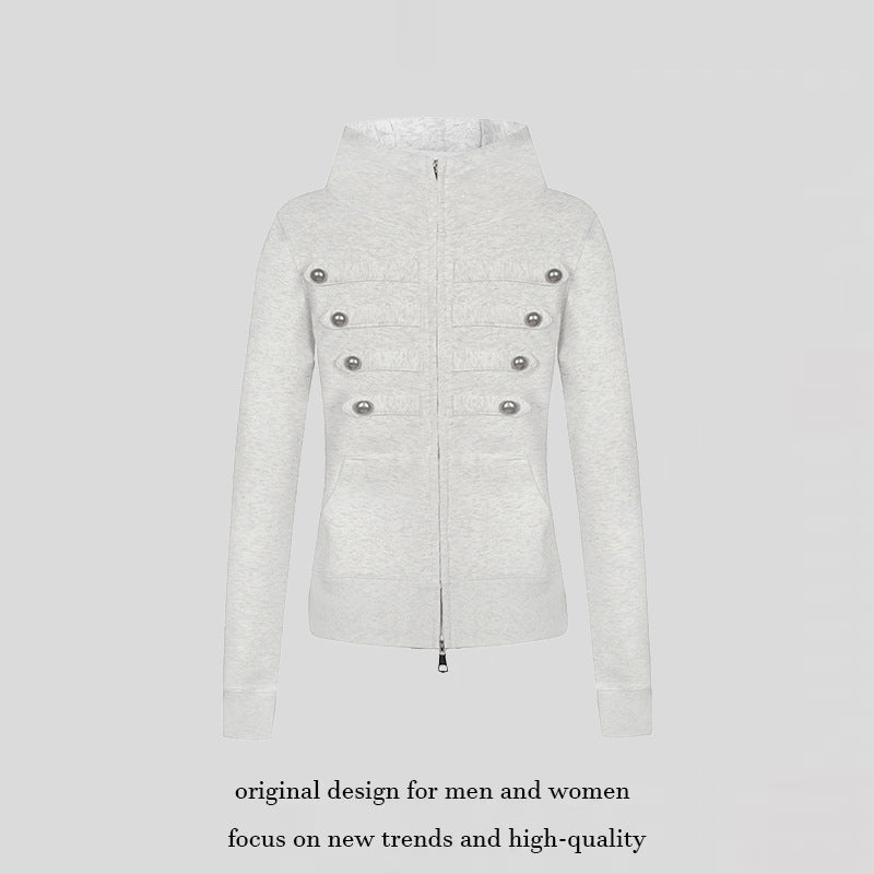 Damen Kapuzen-Sweatjacke im Military-Style mit Stehkragen, Zierriegeln und durchgehendem Reißverschluss Shop Nory
