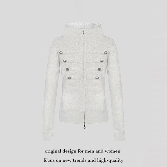 Damen Kapuzen-Sweatjacke im Military-Style mit Stehkragen, Zierriegeln und durchgehendem Reißverschluss Shop Nory