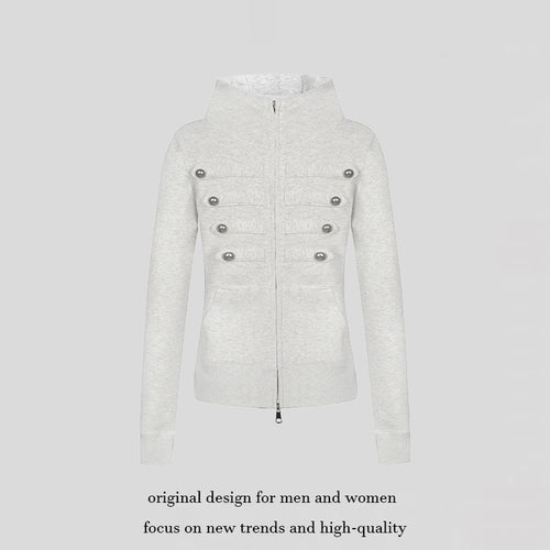 Damen Kapuzen-Sweatjacke im Military-Style mit Stehkragen, Zierriegeln und durchgehendem Reißverschluss Shop Nory