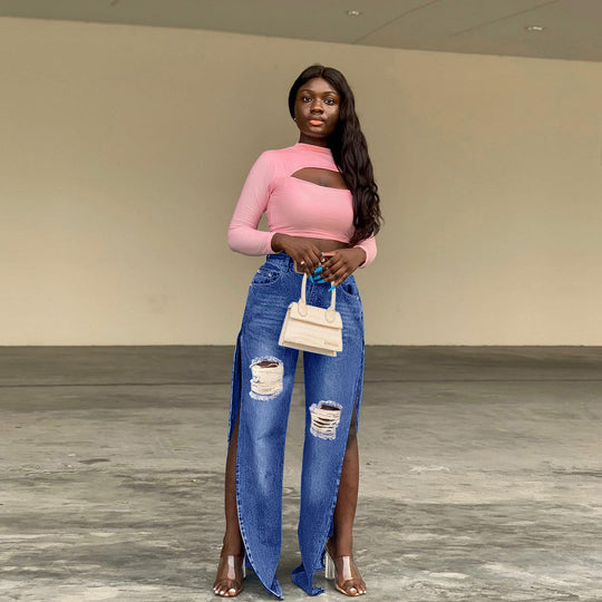 Damen Hochtaillierte Wide-Leg-Jeanshose mit Knie-Rissen und seitlichen Schlitzen Shop Nory