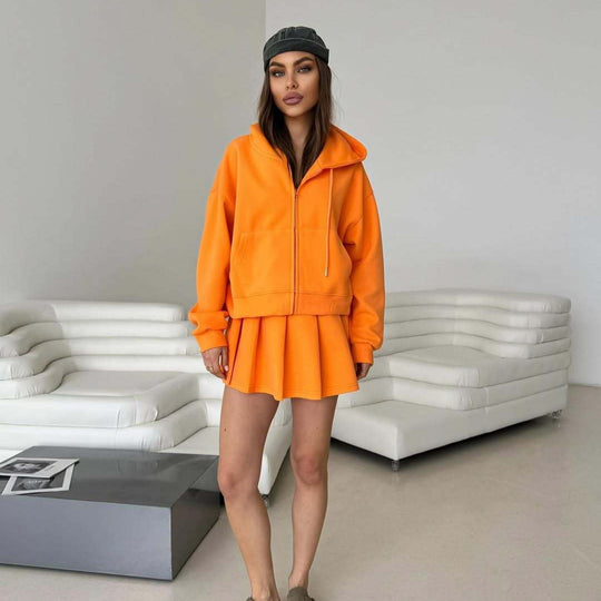 Damen Kurzzip-Kapuzenjacke mit plissiertem Minirock-Lounge-Set Shop Nory