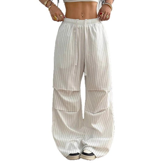 Damen Weite Nadelstreifen-Loungehose mit hohem Gummibund und Tunnelzug Shop Nory