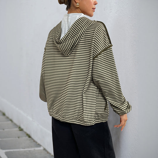 Damen Gestreifte Kapuzenjacke mit Reißverschluss, Tunnelzug und Elastischen Bündchen Shop Nory