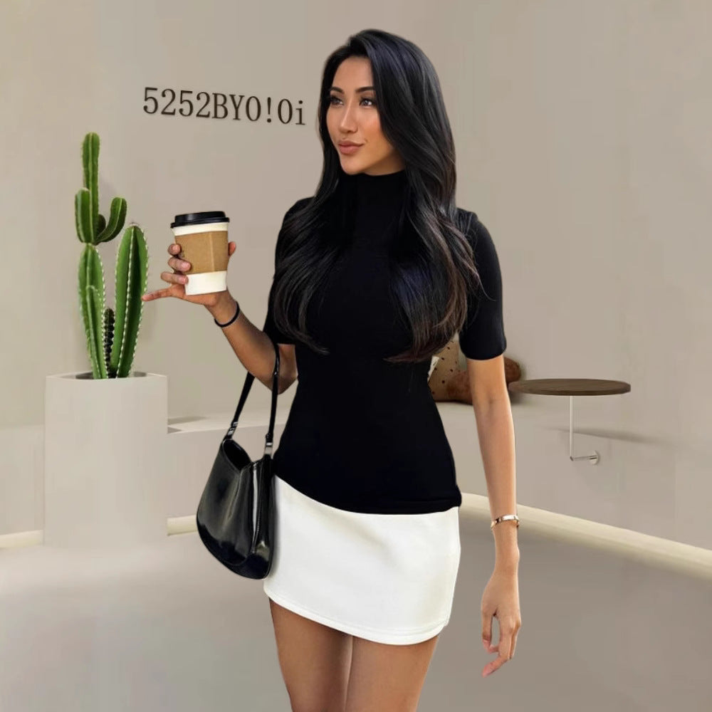 Damen figurbetontes T-Shirt mit Stehkragen und kurzen Ärmeln Shopnory