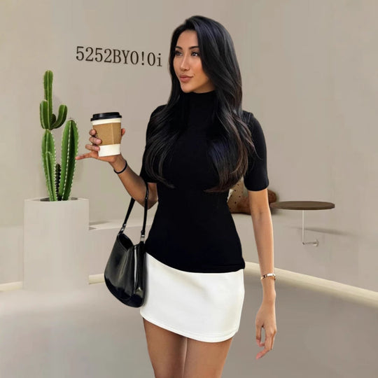 Damen figurbetontes T-Shirt mit Stehkragen und kurzen Ärmeln Shopnory